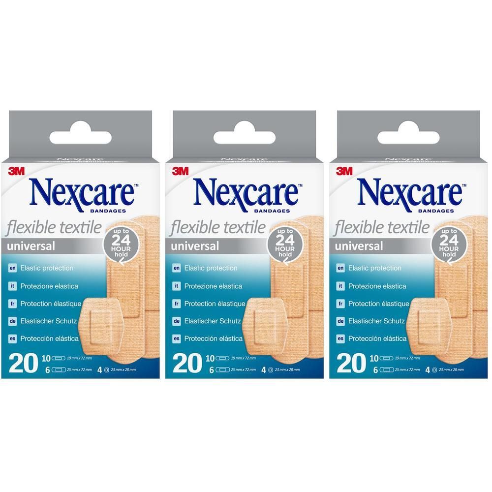 Trois paquets de pansements Nexcare Flexible Textile Universal. Chaque paquet contient 20 pansements.