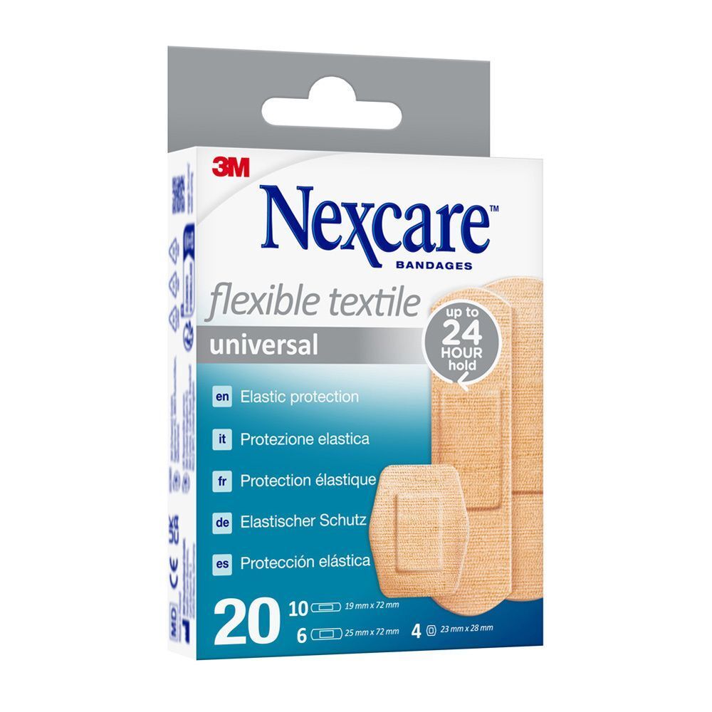 Un paquet de pansements Nexcare Flexible Textile Universal, 20 pièces. Montre une protection élastique.