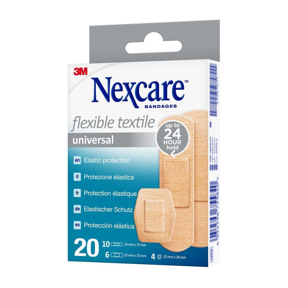 Een pak Nexcare Flexible Textile Universal pleisters, 20 stuks. Toont elastische bescherming.