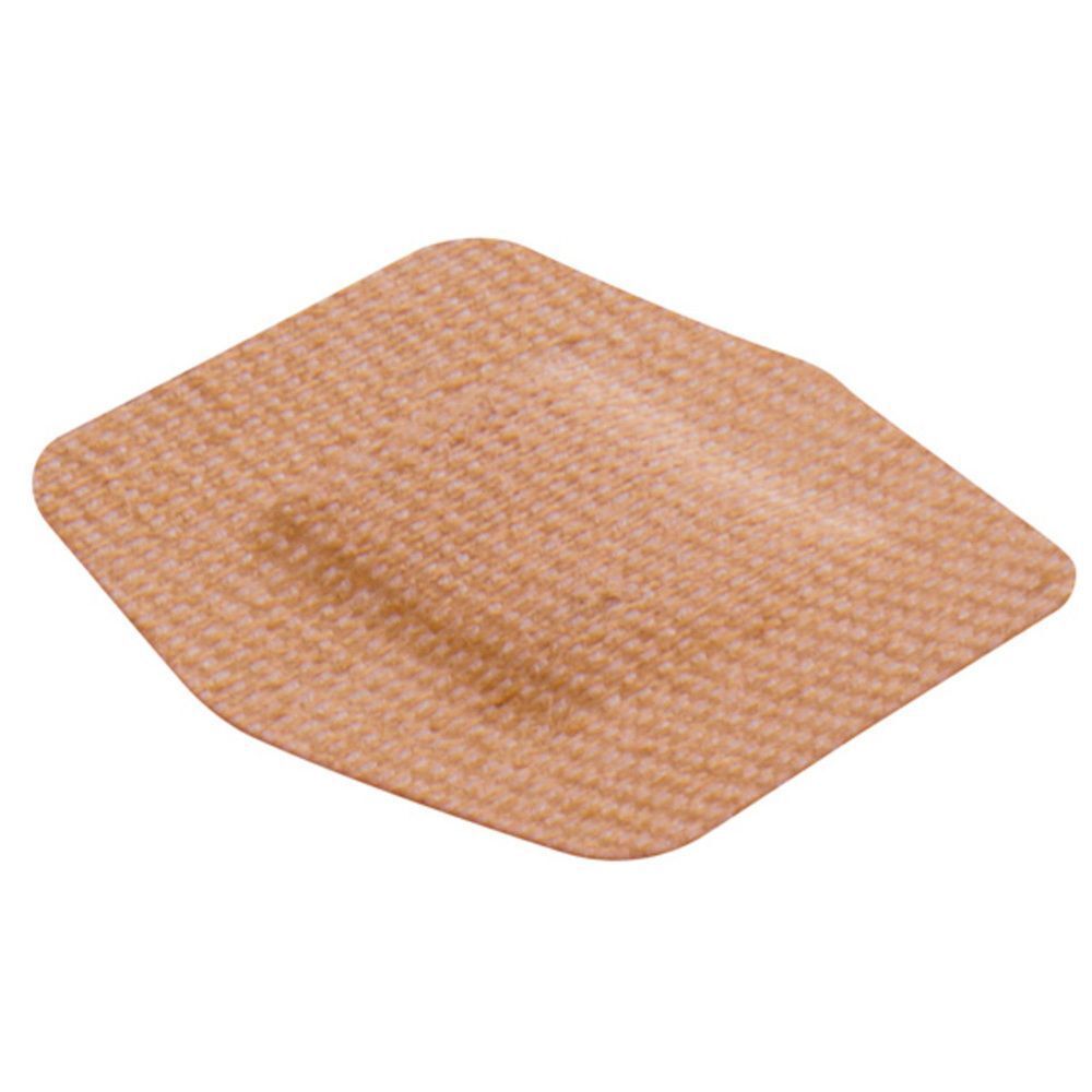 Een enkele Nexcare Flexible Textile Universal pleister, beige, rechthoekig met afgeronde hoeken.