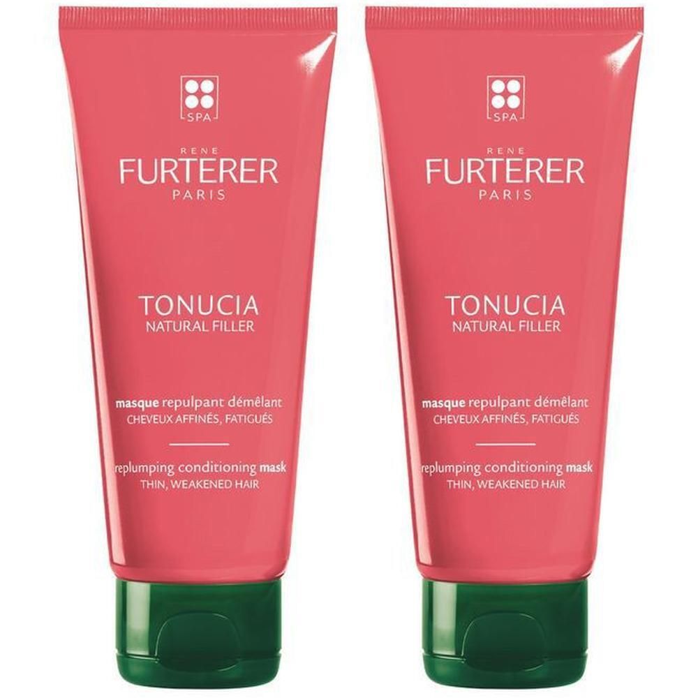 Deux masques René Furterer Tonucia Natural Filler en tubes roses avec bouchons verts.