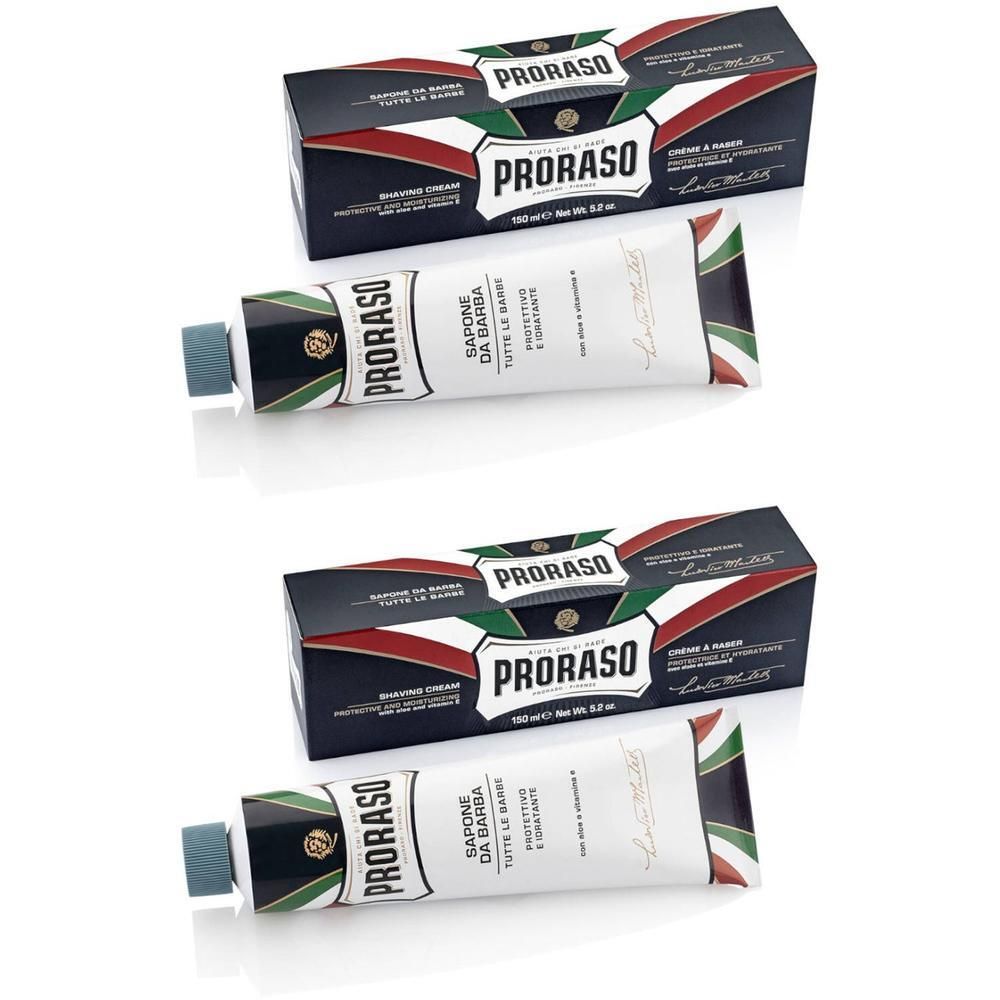 Twee Proraso scheercrème tubes met verpakking. Wit en groen-rood-zwart gestreept.