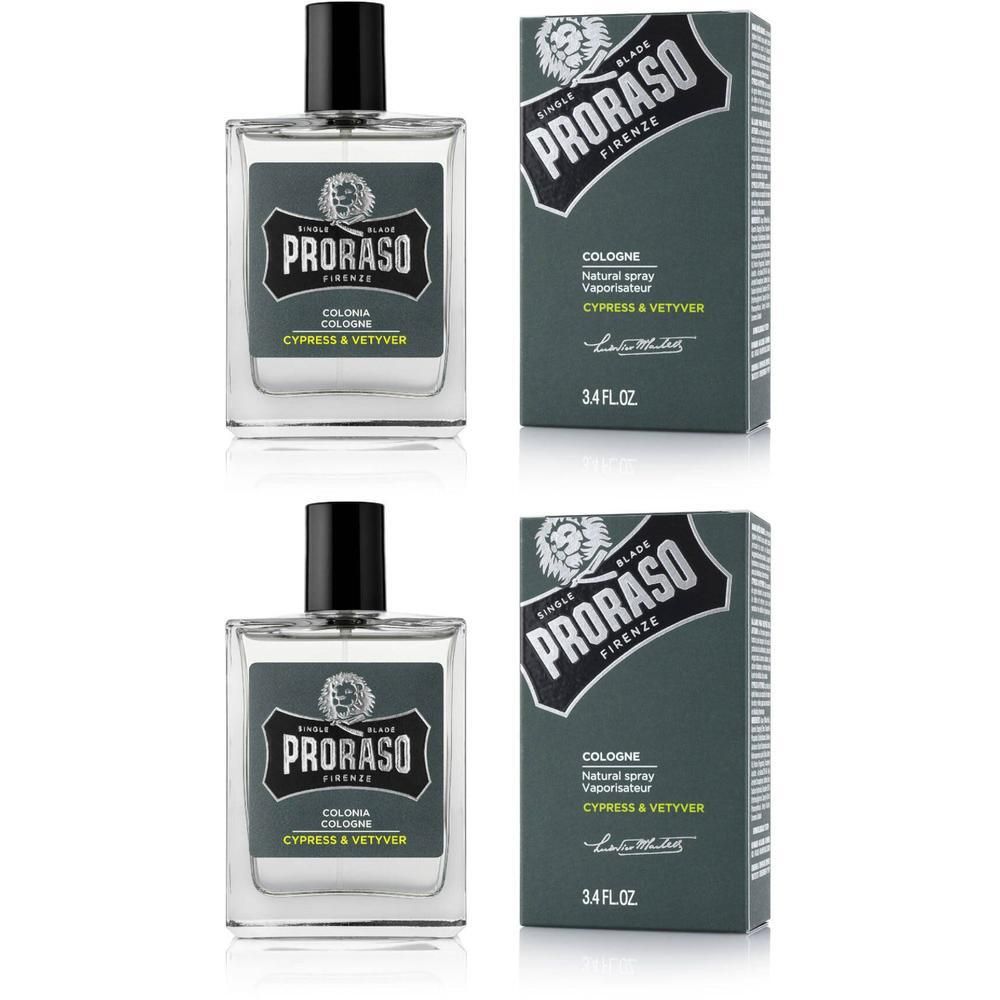 Proraso Eau de Cologne Cypress & Vetyver in glazen fles met zwarte dop en doos.