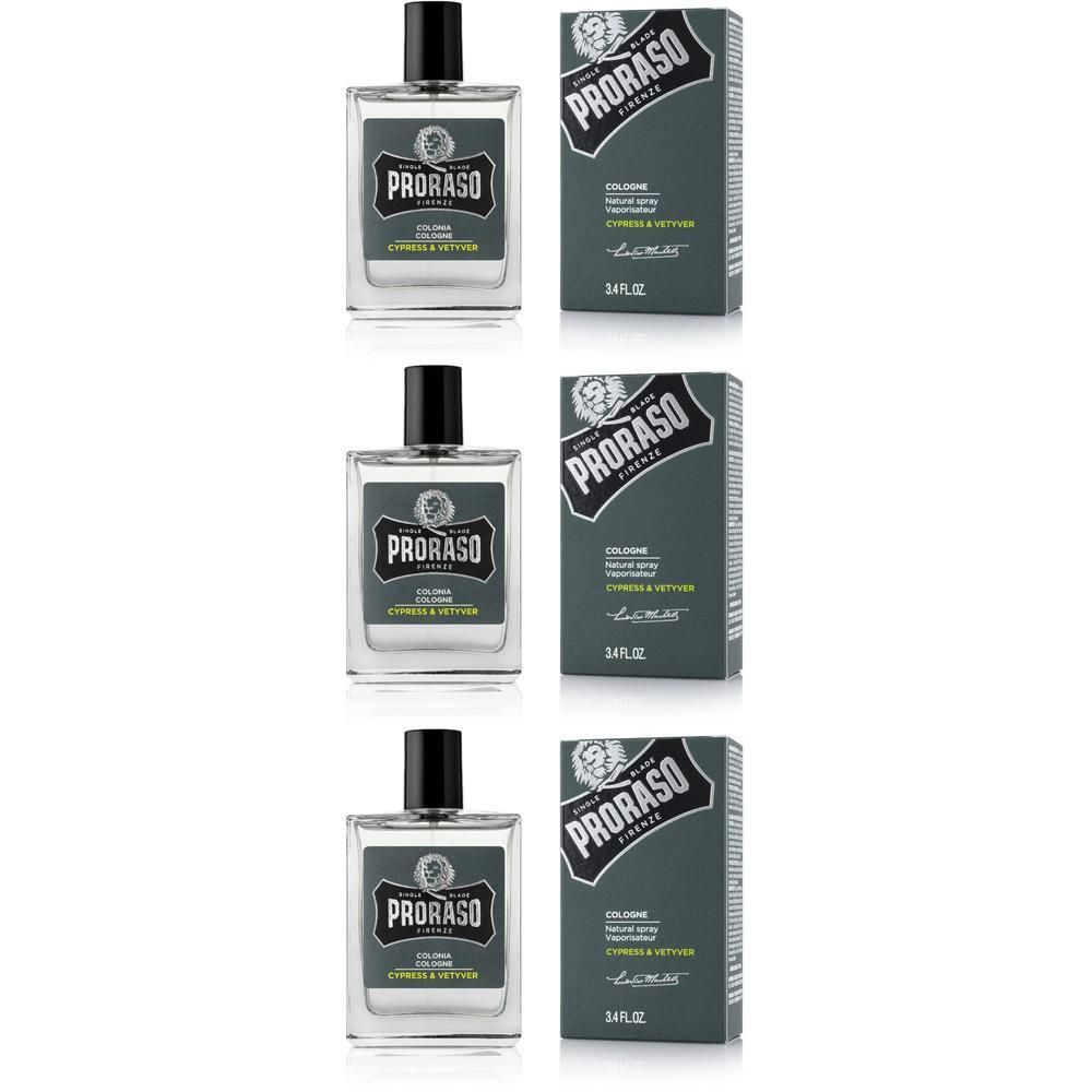 Drie flacons Proraso Eau de Cologne Cypress & Vetyver met verpakking.