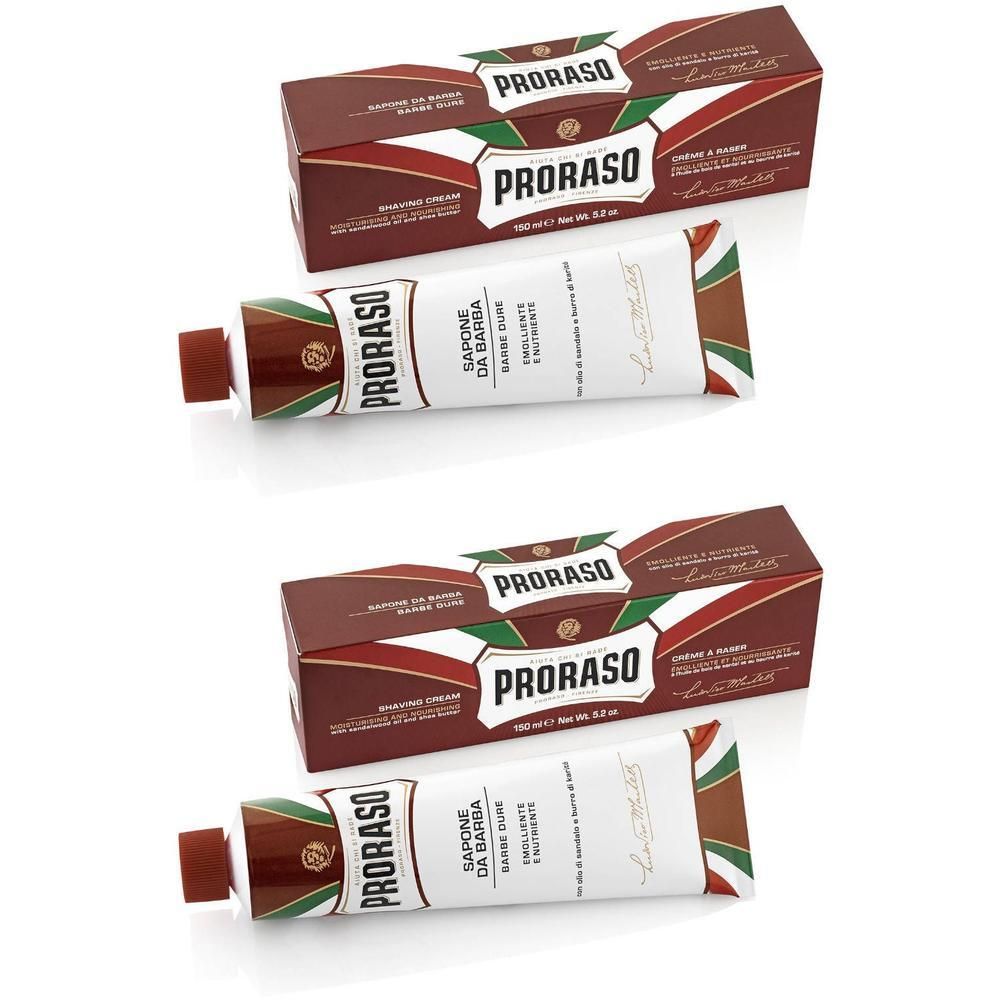 Deux tubes et boîtes de crème à raser Proraso Bois de Santal.