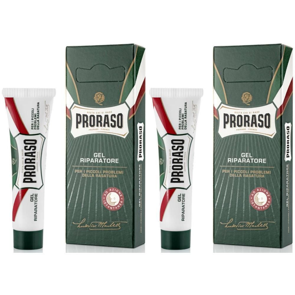 Proraso Gel Riparatore in tubes en dozen. Groene verpakking met wit en rood design.