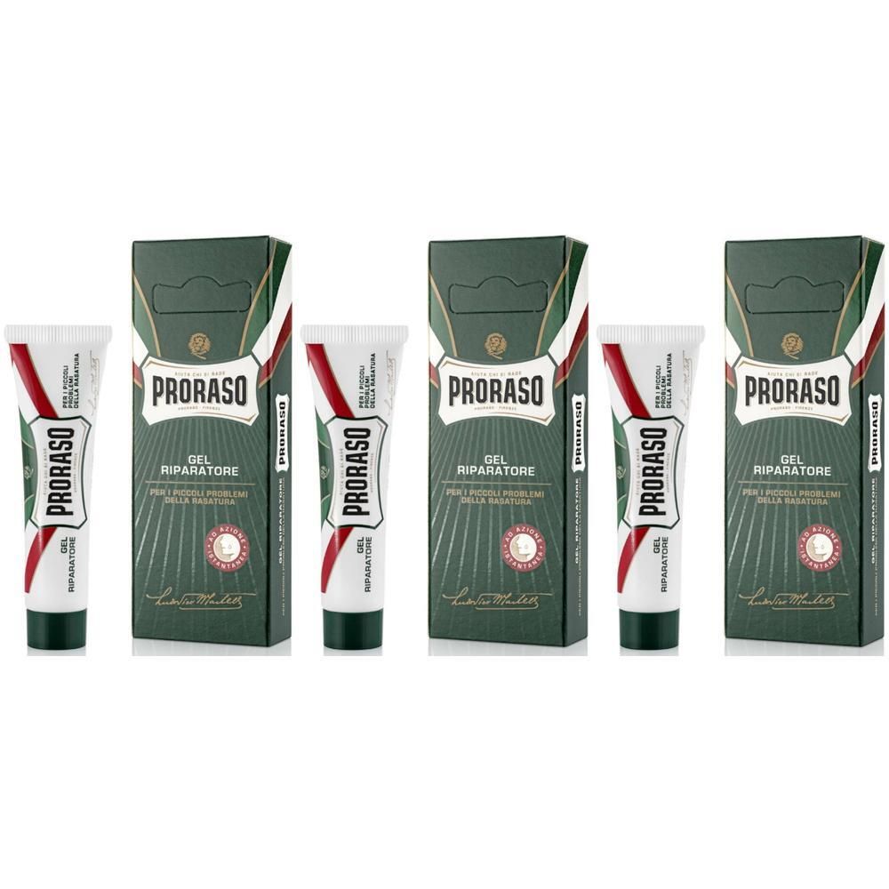Proraso Gel Réparateur en tubes et boîtes. Emballage vert et blanc avec accent rouge.