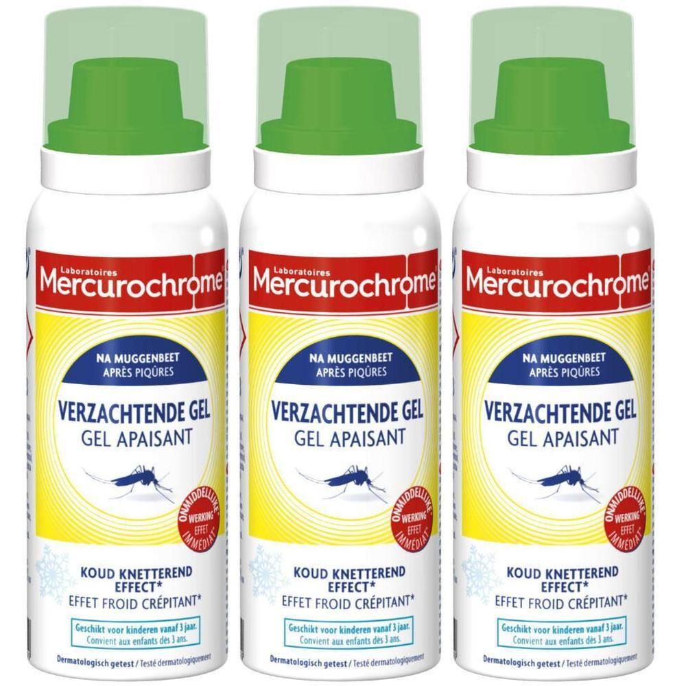 Drie flessen Mercurochrome verzachtende gel na muggenbeten. Gel kalmerend.
