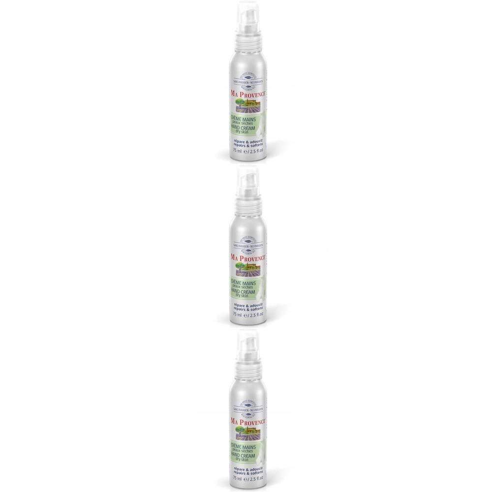Drie spuitflessen Ma Provence handcrème voor de droge huid.