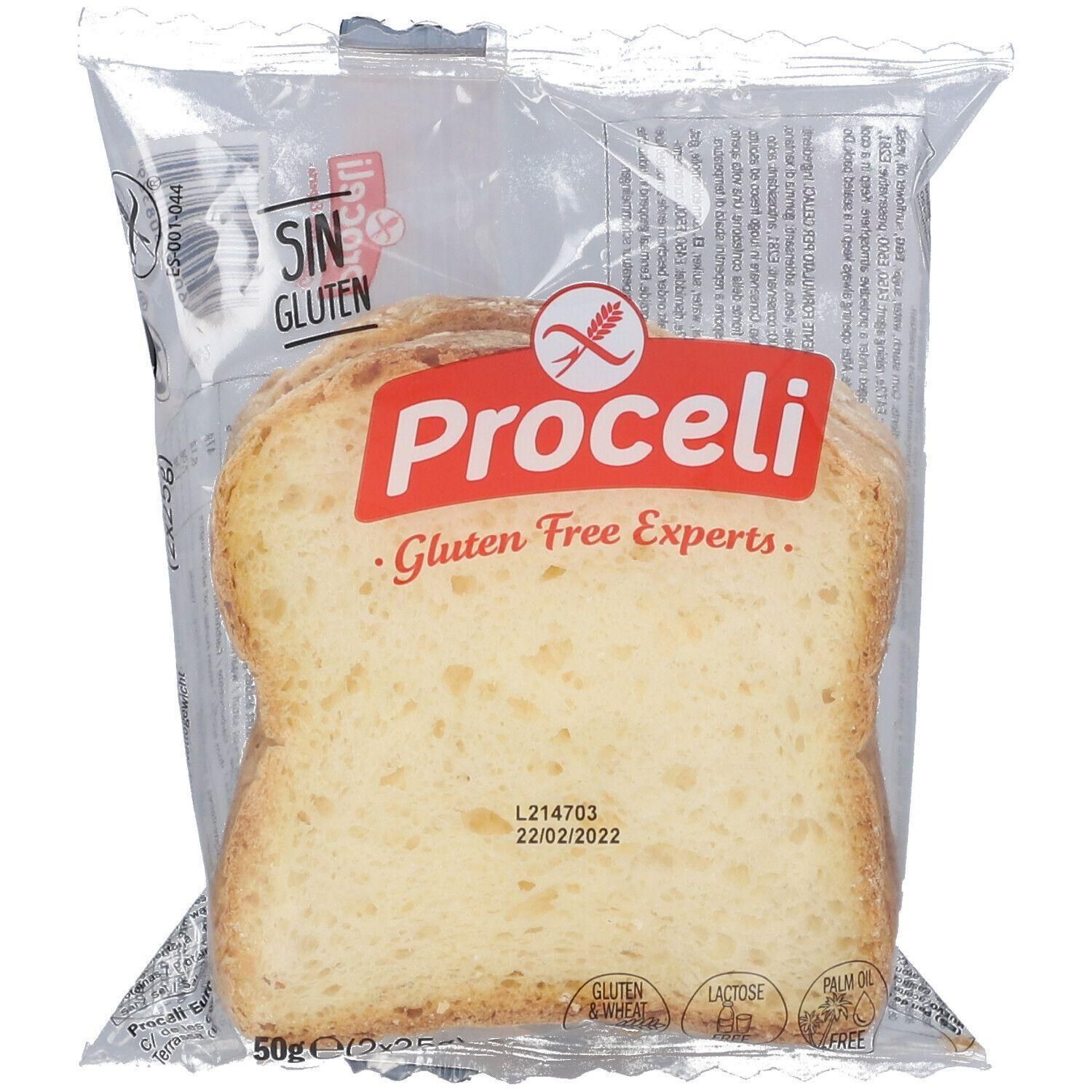 Pain grillé sans gluten Proceli dans un emballage transparent. Plusieurs tranches visibles.
