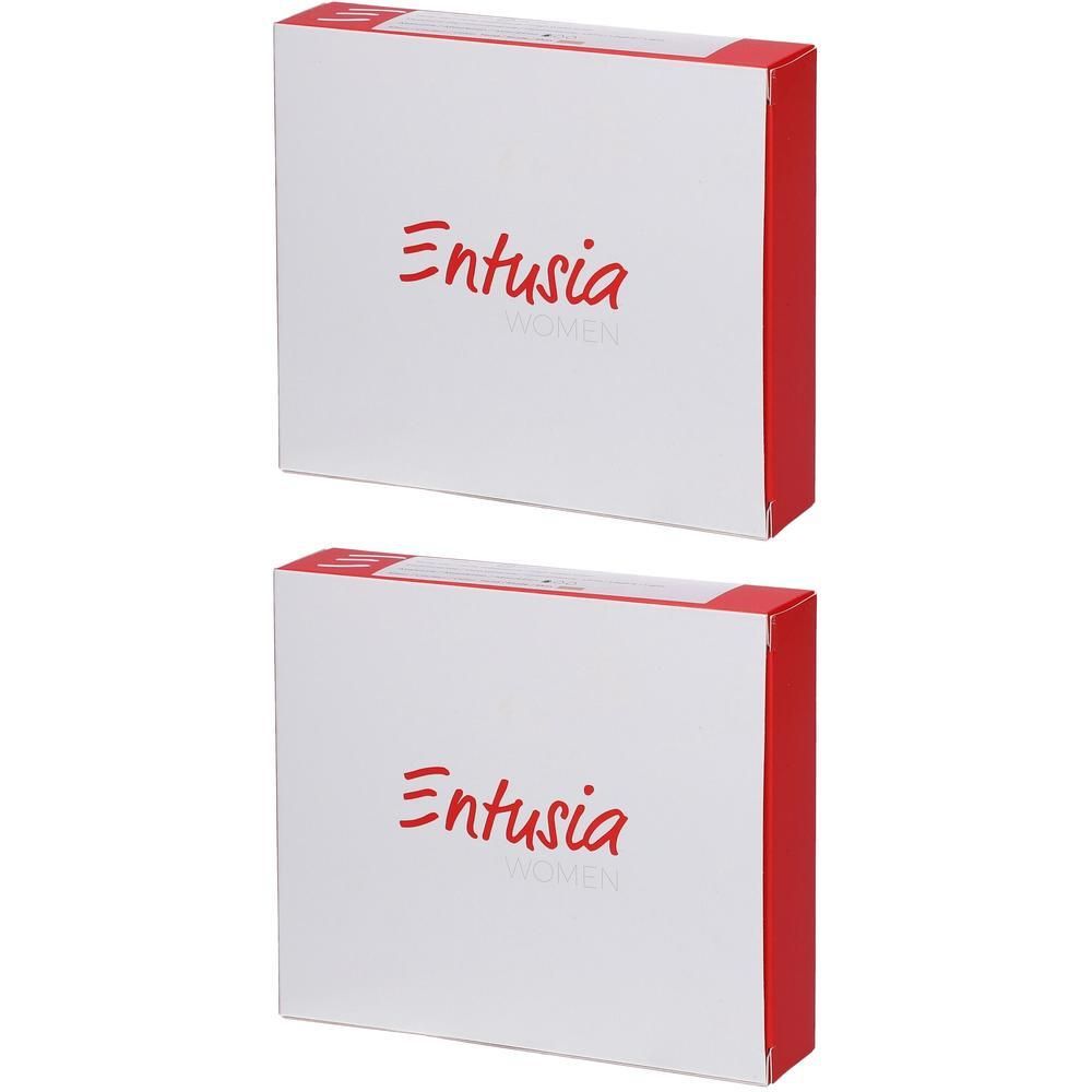 Deux boîtes blanches à bordure rouge avec le logo "Entusia" en rouge.