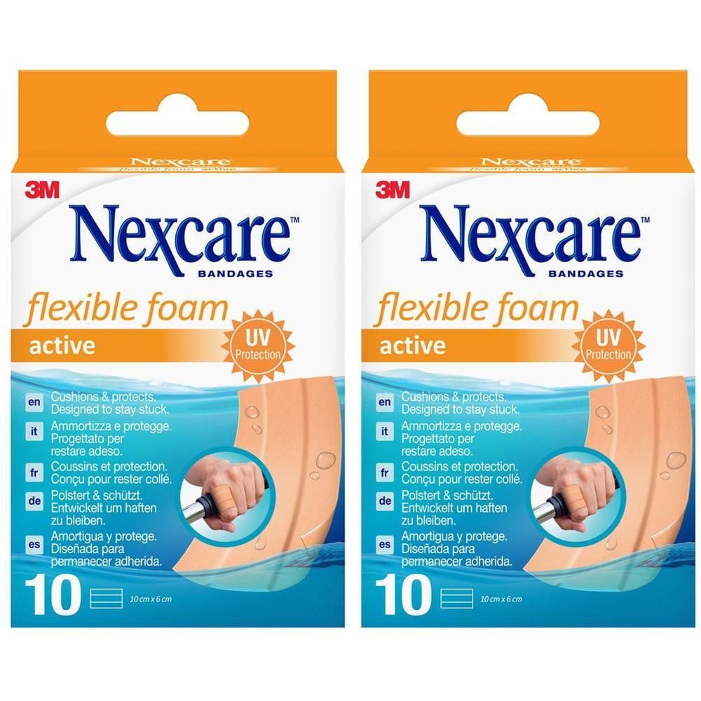 Verpakking van 10 Nexcare Flexible Foam Active pleisters, UV-bescherming.