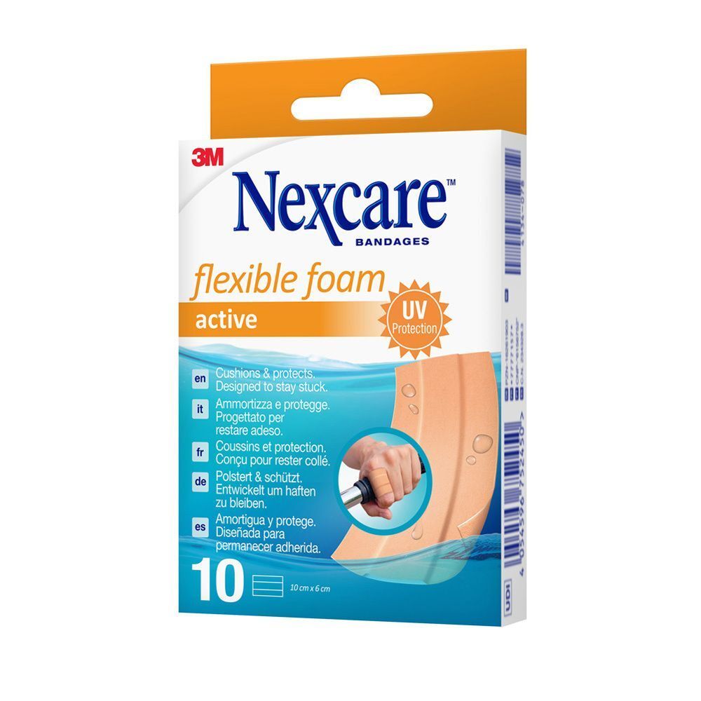 Verpakking van 10 Nexcare Flexible Foam Active pleisters, UV-bescherming.