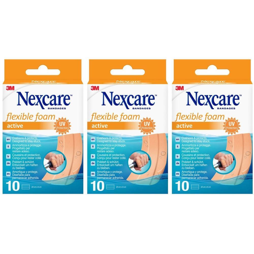 Drie pakken Nexcare Flexible Foam Active pleisters met UV-bescherming.