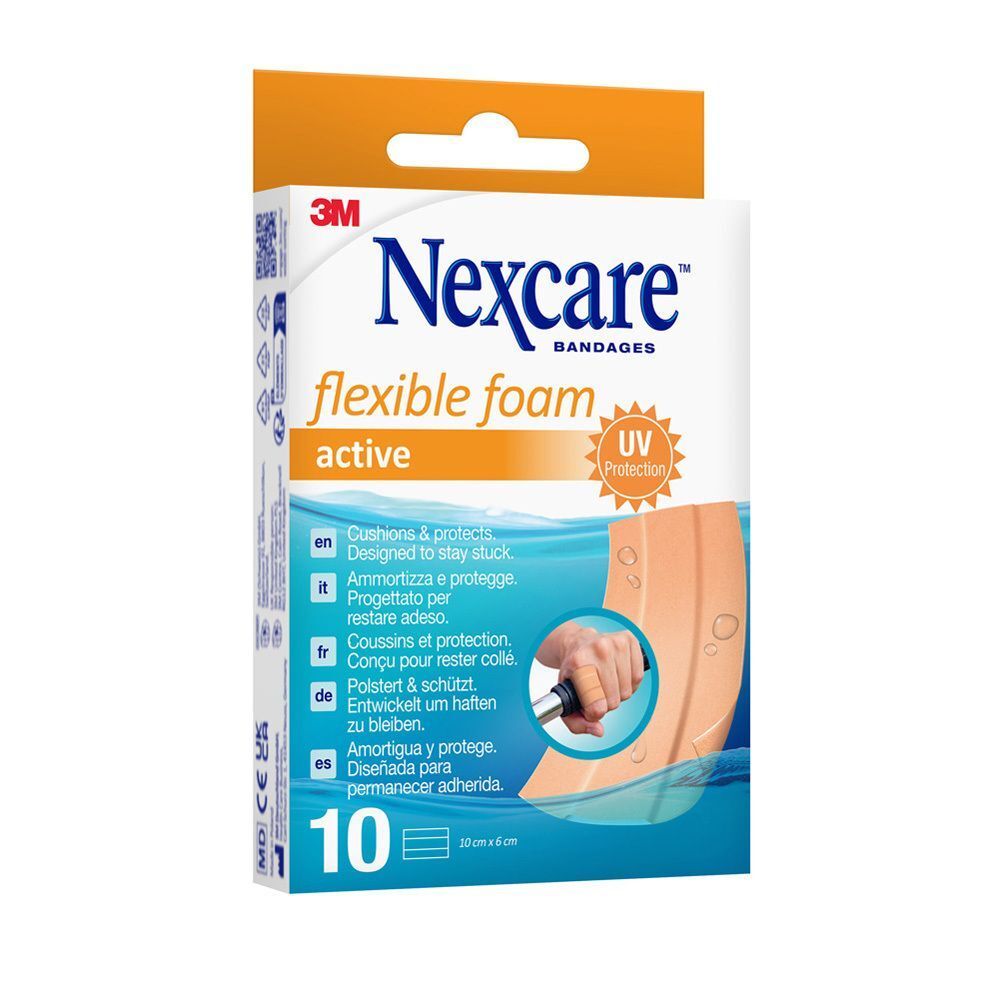 Een pak Nexcare Flexible Foam Active pleisters, 10 stuks, met UV-bescherming.