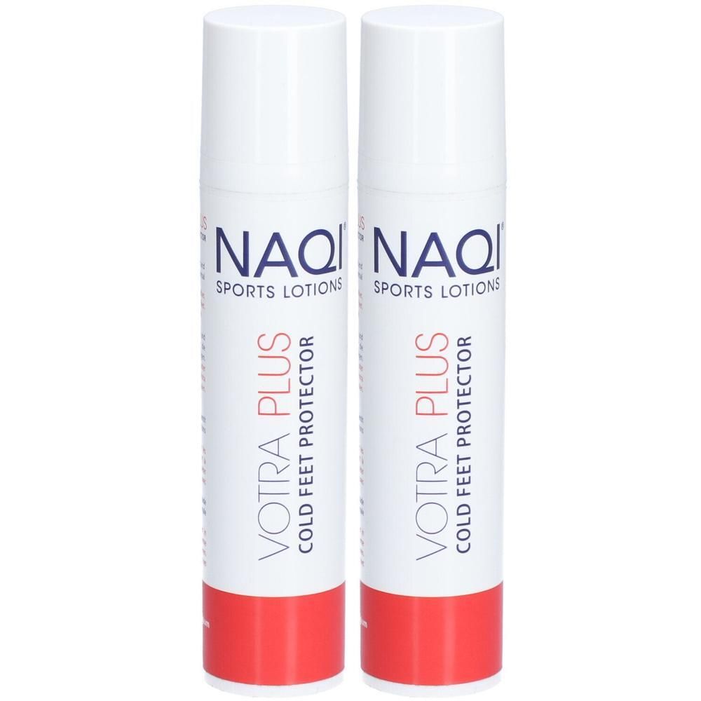 Deux flacons de NAQI Votra Plus Cold Feet Protector avec des accents rouges.