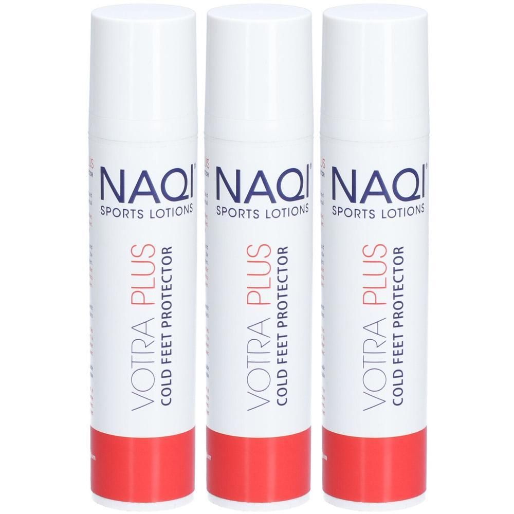 Trois flacons pulvérisateurs blancs à base rouge, marqués NAQI SPORTS LOTIONS VOTRA PLUS COLD FEET PROTECTOR.