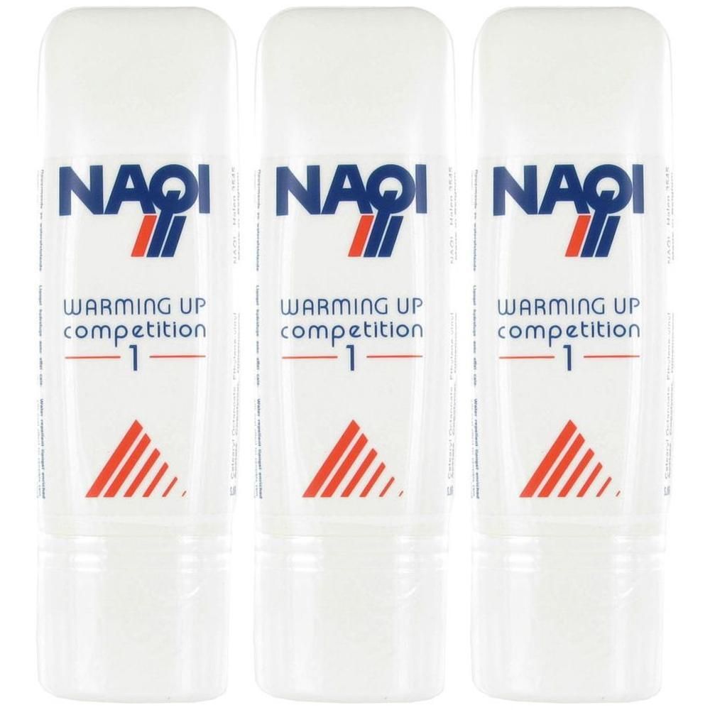 Drie witte flacons met blauw NAQI-logo en opschrift 'WARMING UP competition - 1'.