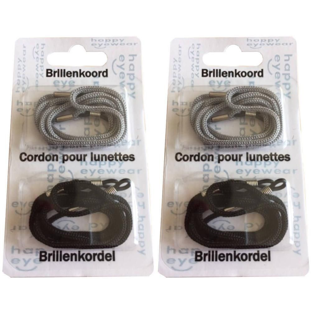 Twee brillenkoorden in verpakking, één grijs, één zwart.