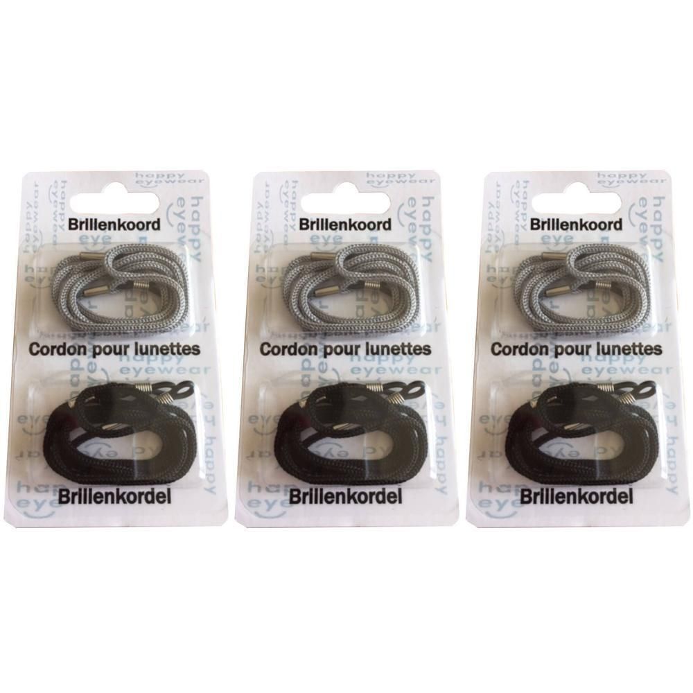 Deux cordons pour lunettes, un gris et un noir, présentés en emballages individuels.
