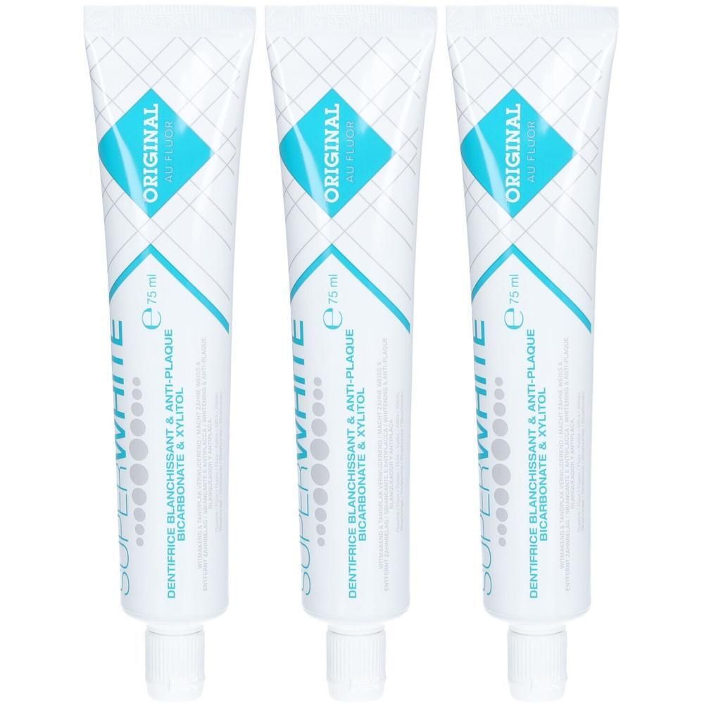 Trois tubes de dentifrice "Super White Original", 75 ml chacun. Blanchissant & Anti-Plaque avec Bicarbonate & Xylitol.