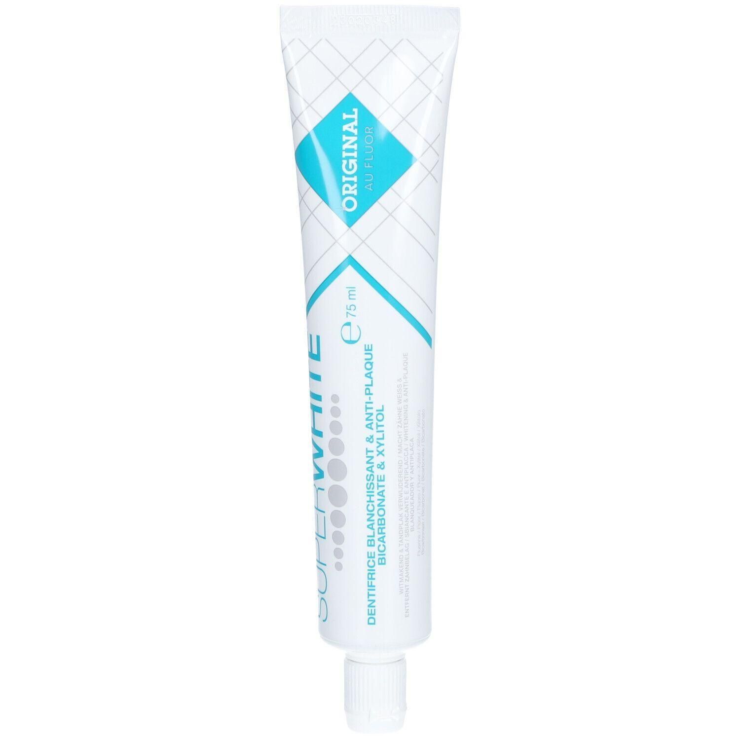 Tube van 75 ml "Super White Original" tandpasta, wit met turquoise accenten.