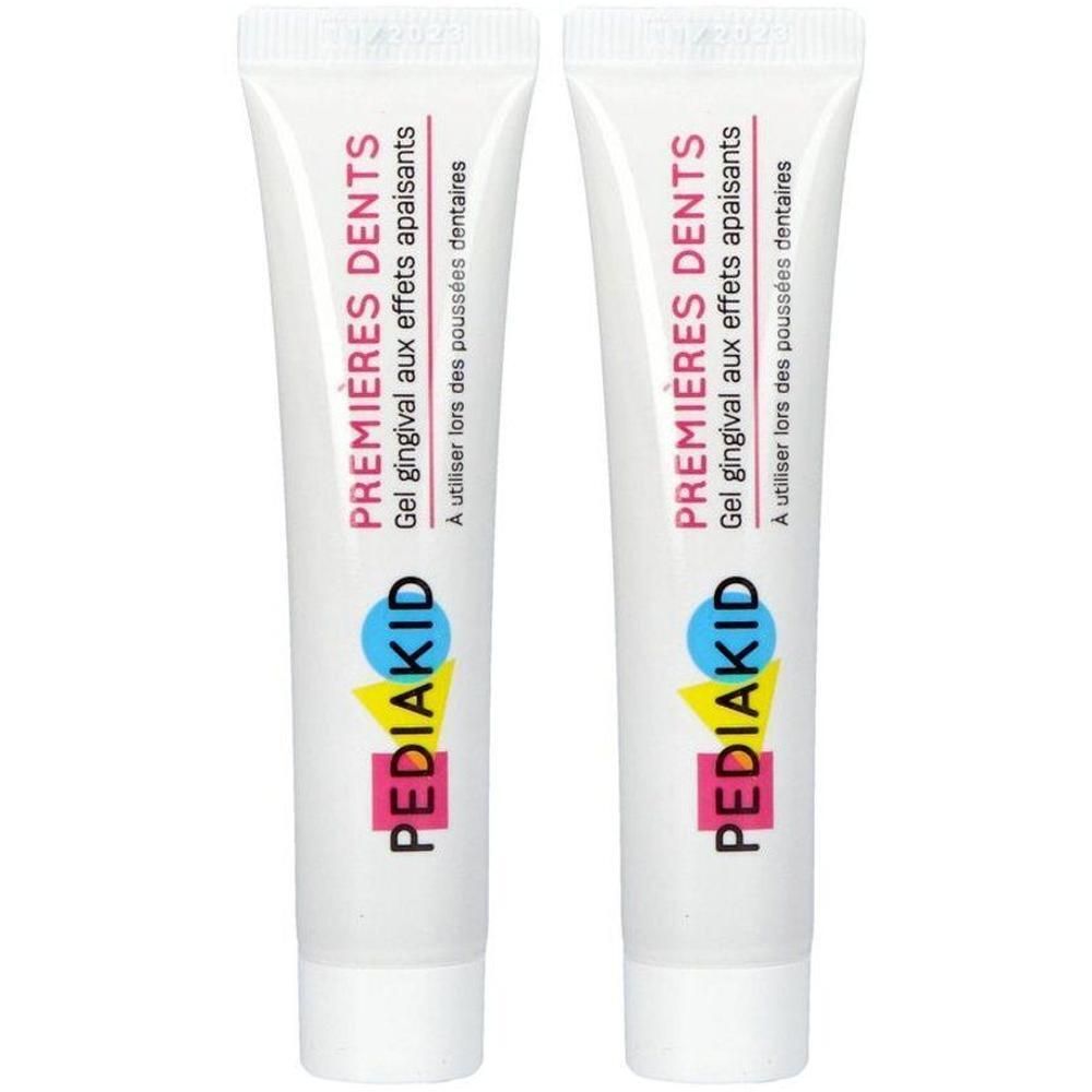 Twee tubes Pediakid Gel Premières Dents voor de eerste tandjes.