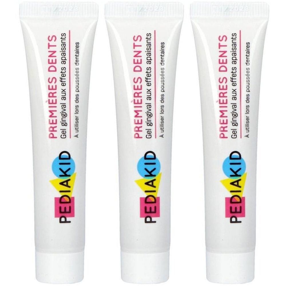 Trois tubes de Pediakid Gel Premières Dents avec formes géométriques et logo.