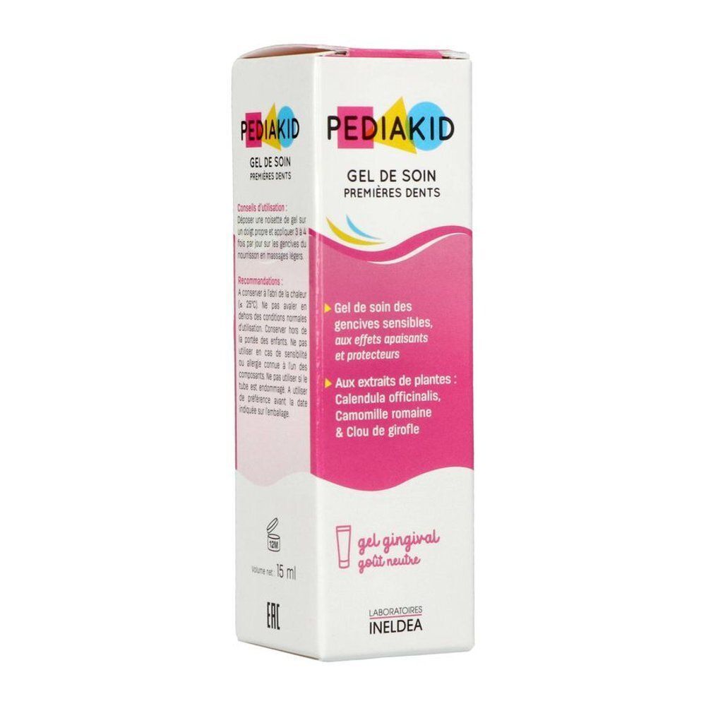 Verpakking van Pediakid Gel Premières Dents met gedetailleerde informatie.