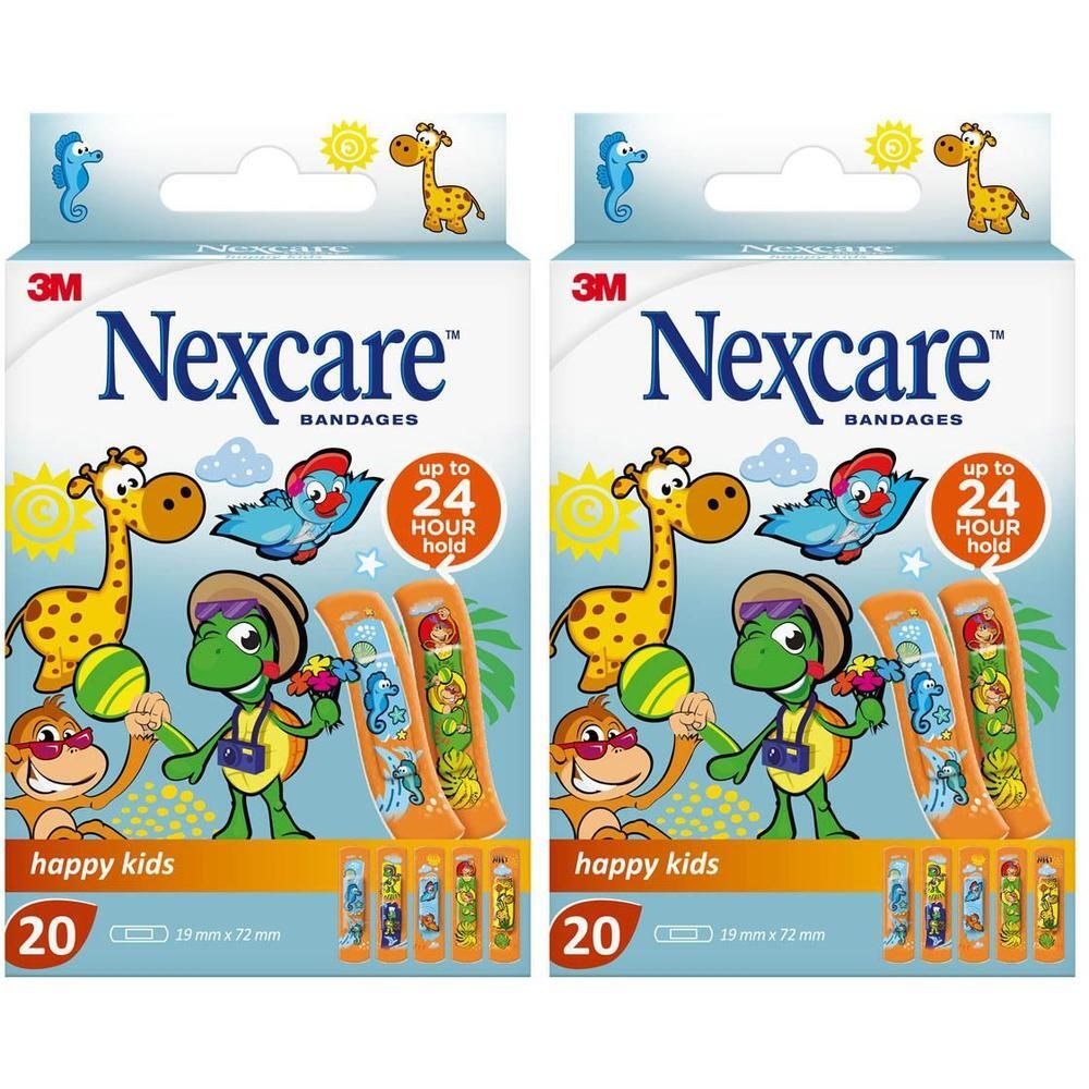 Twee pakken Nexcare Happy Kids pleisters met dierenmotieven, 20 pleisters per pak.