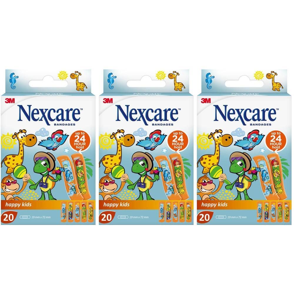 Drie pakken Nexcare Happy Kids pleisters met dierenprints. Elk pak bevat 20 pleisters.