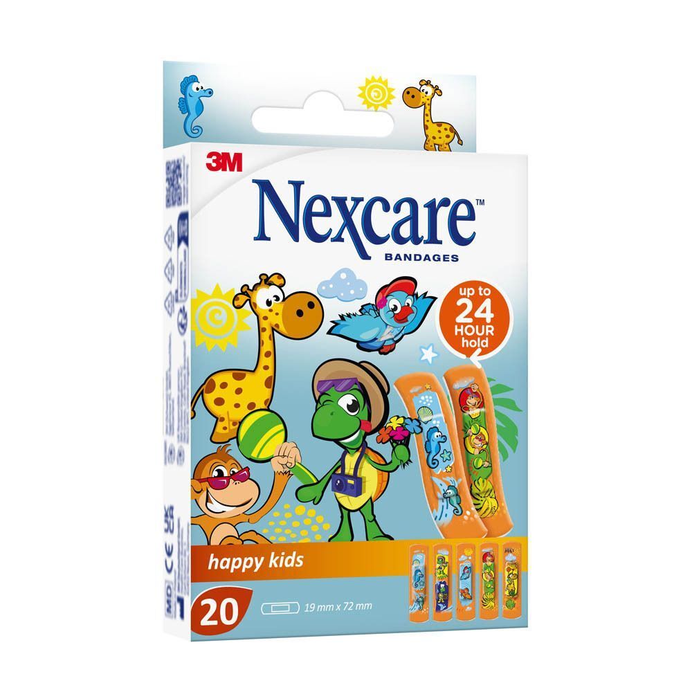 Un paquet de pansements Nexcare Happy Kids avec girafe, tortue et singe. Contient 20 pansements.