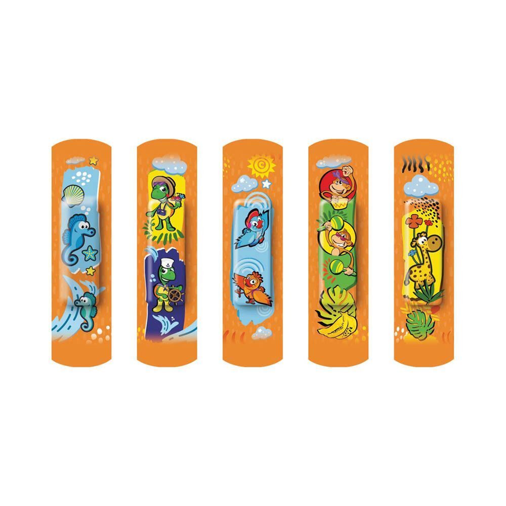 Cinq pansements Nexcare Happy Kids avec différents motifs d'animaux : hippocampe, tortue, oiseau, singe, girafe.