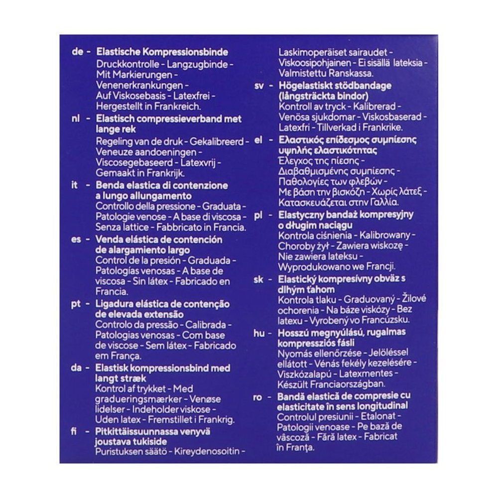Vue latérale de l'emballage de la bande de compression Biflex+ avec descriptions produit multilingues.