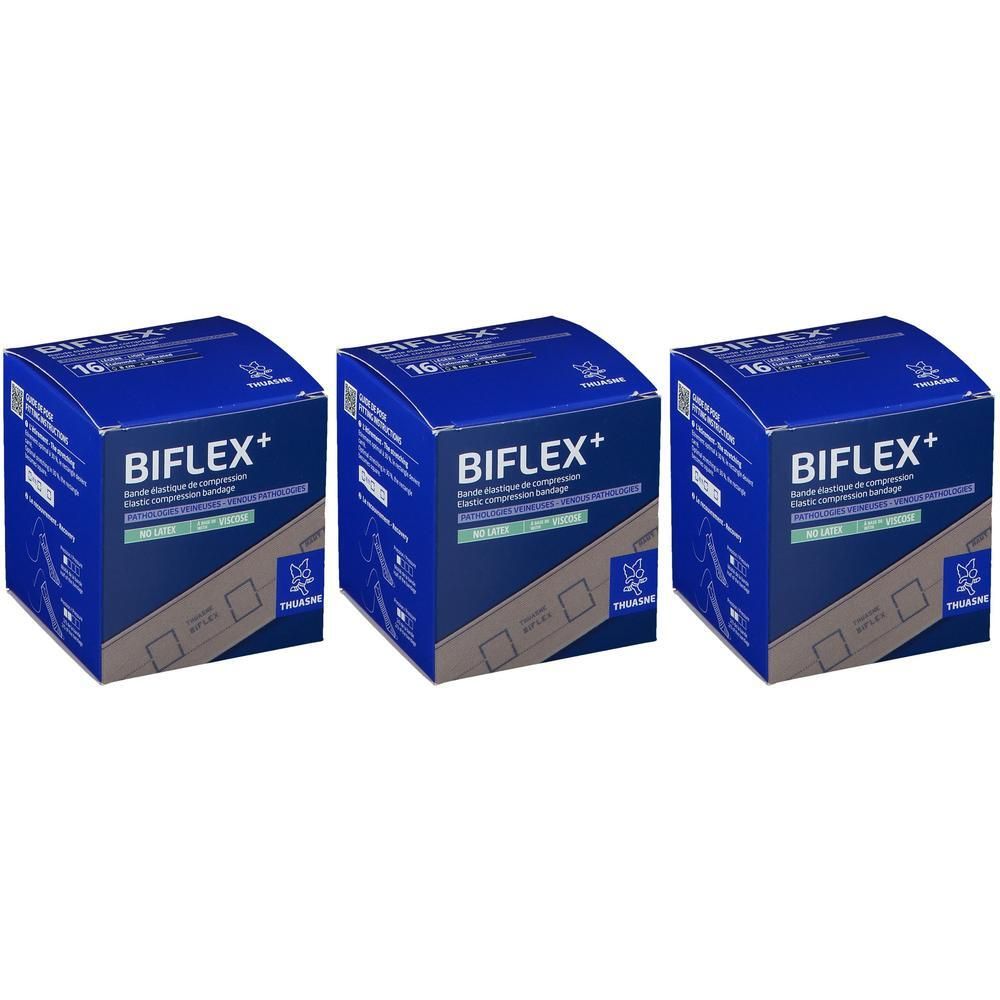 Drie verpakkingen Thuasne BIFLEX+ compressiezwachtel, beige, 8cm x 4m.