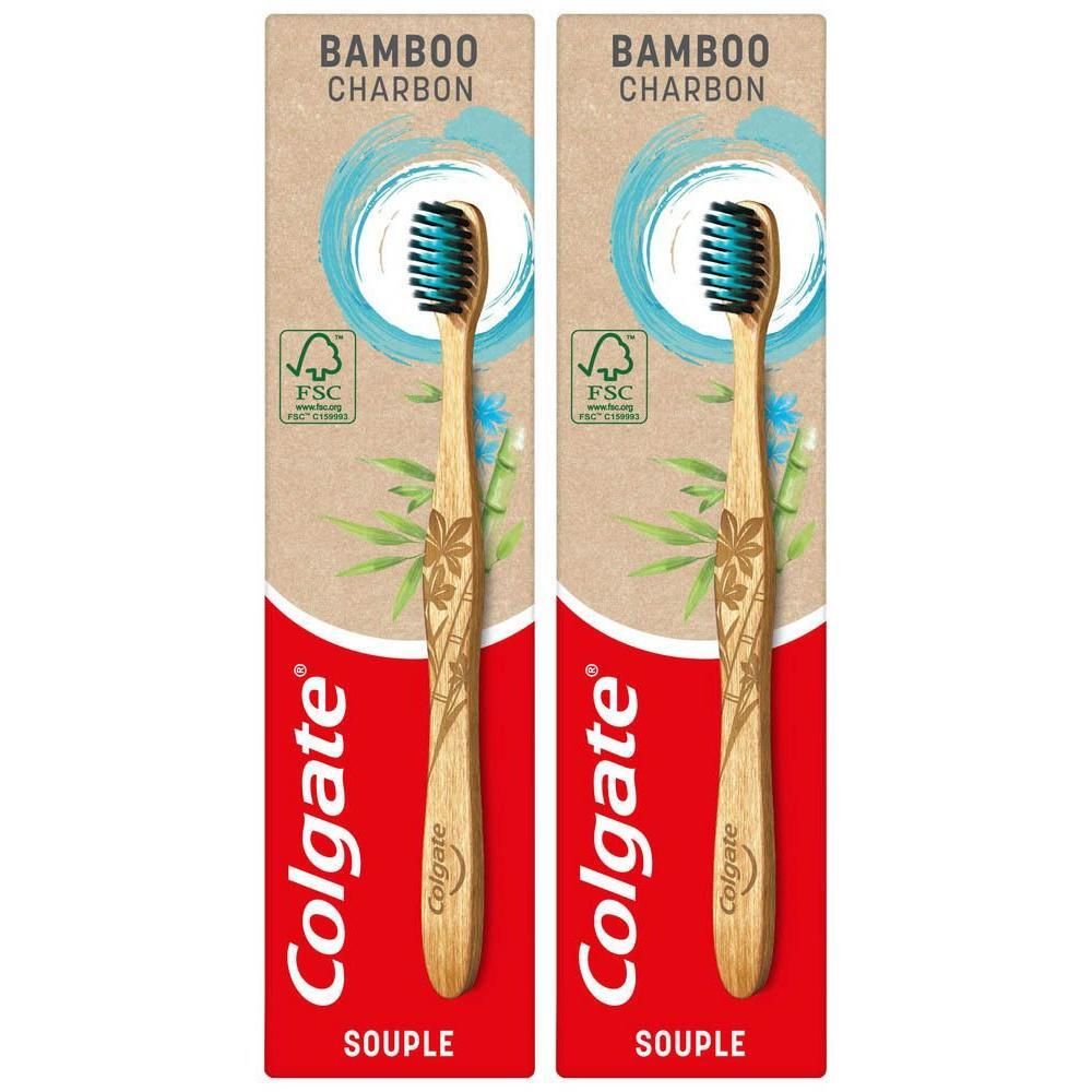 Deux brosses à dents Colgate en bambou souples, emballage individuel.