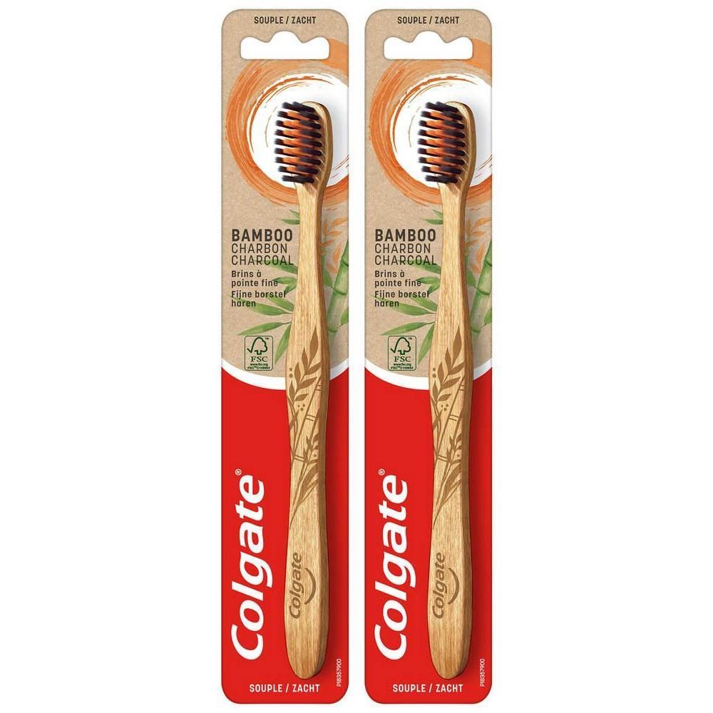 Twee Colgate bamboe tandenborstels zacht, verpakking per stuk.