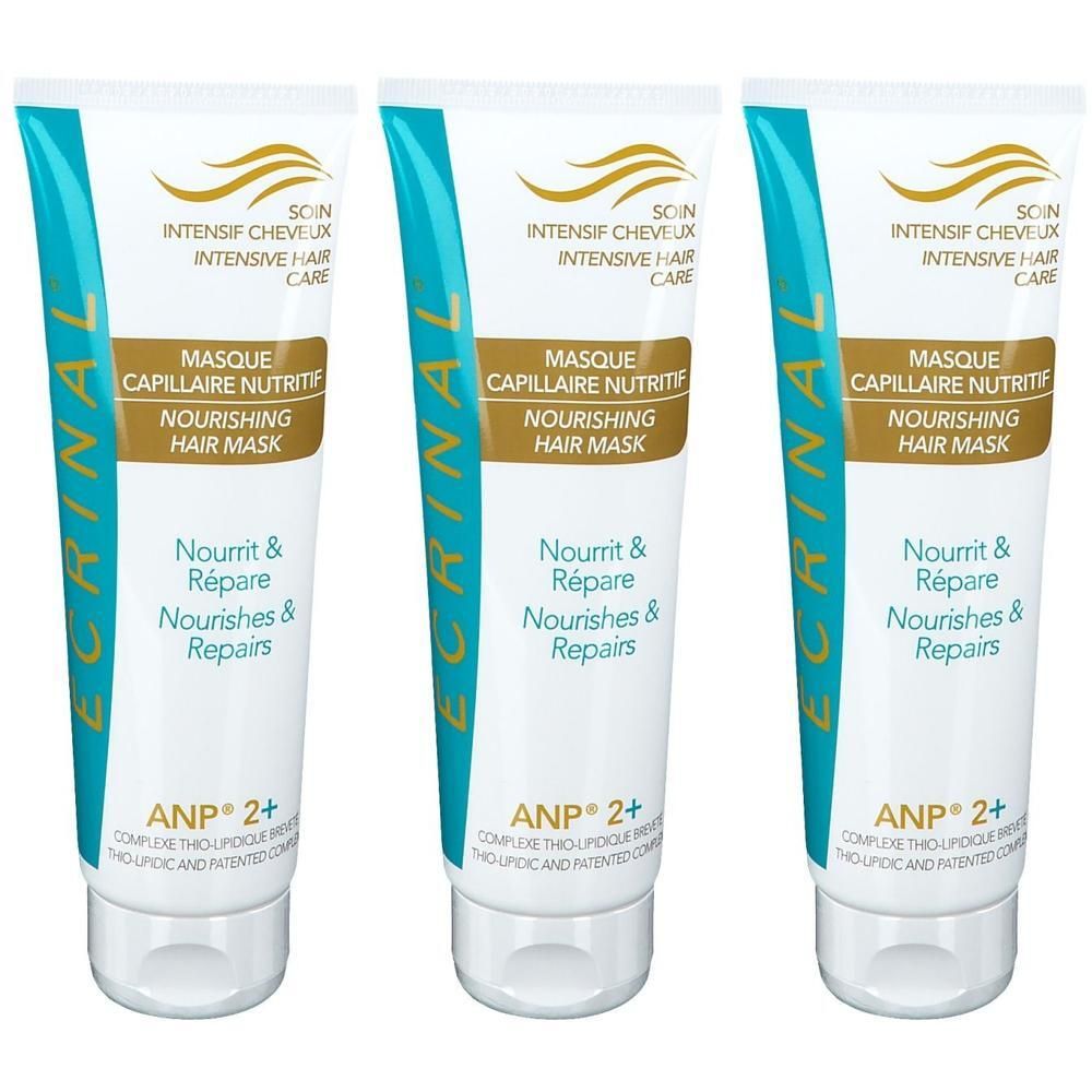 Trois tubes de Masque Capillaire Nutritif Ecrinal ANP2+. Blanc avec accents dorés et turquoise.