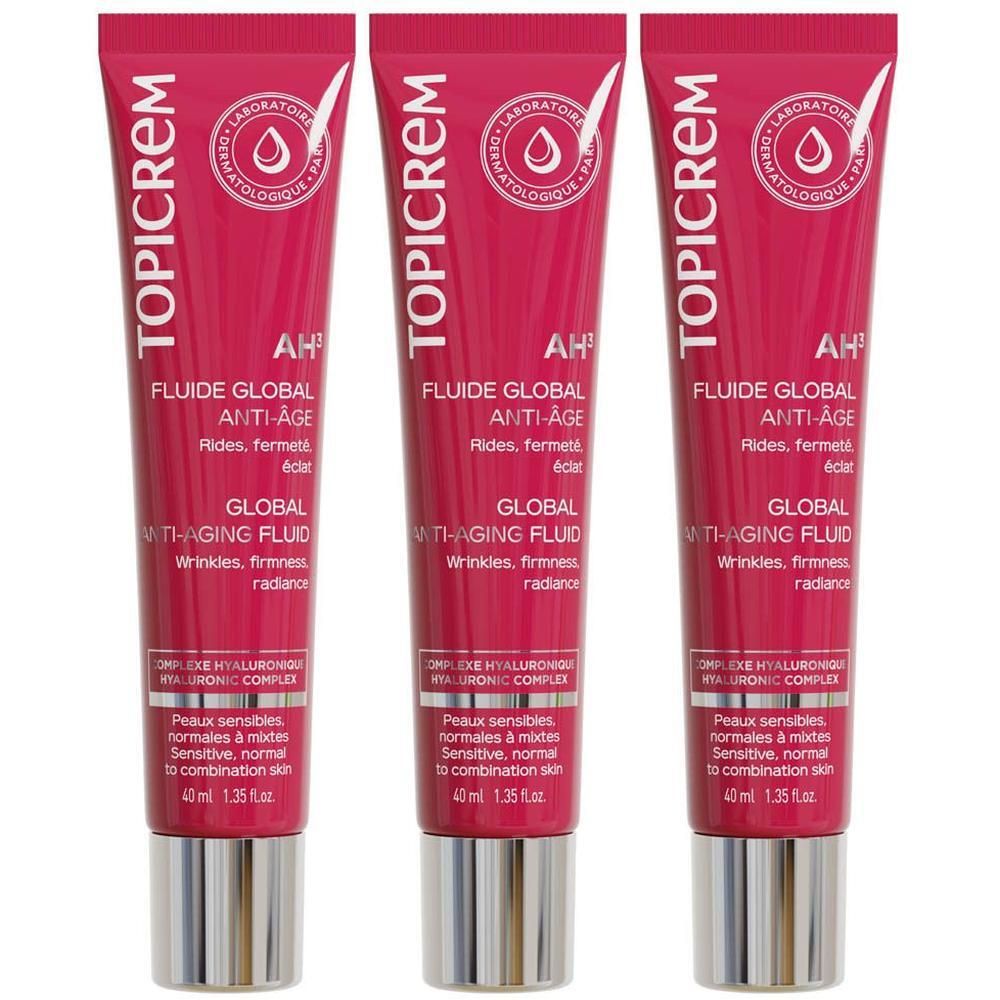 Drie tubes Topicrem AH3 Global Anti-Aging Fluid met hyaluronzuurcomplex voor de gevoelige huid.