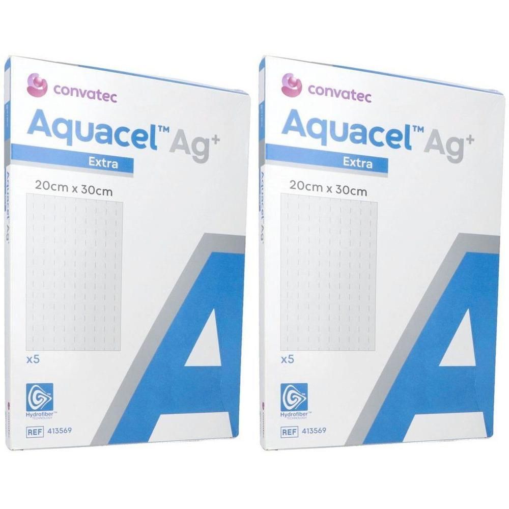 Deux boîtes de pansement Aquacel AG+ Extra Hydrofiber 20x30cm. Contient 5 pansements par boîte.