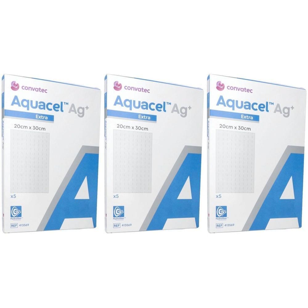 Trois paquets de pansement Aquacel AG+ Extra Hydrofiber 20x30cm. Lot de trois emballages individuels.