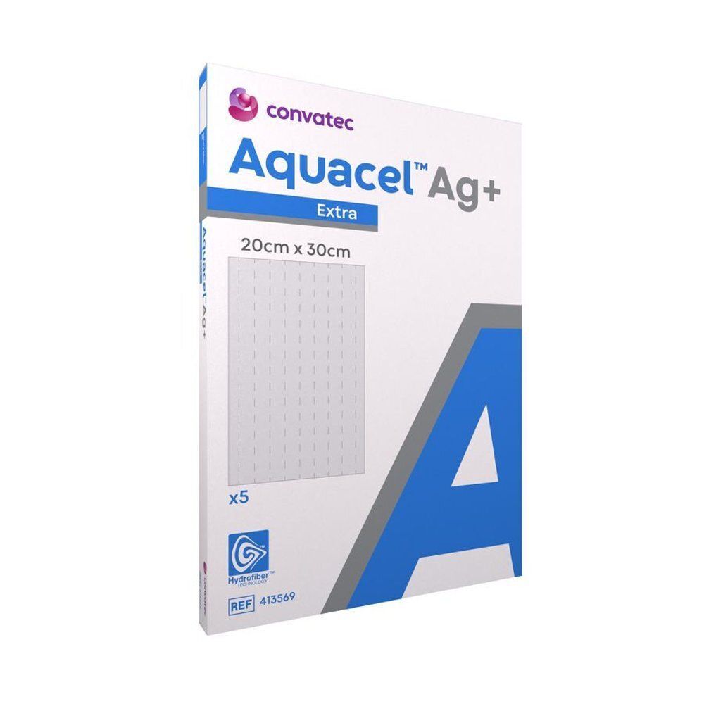 Pansement Aquacel AG+ Extra Hydrofiber 20x30cm. Emballage individuel contenant cinq pansements.