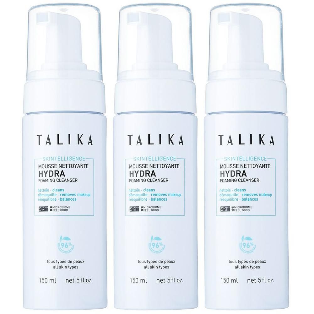 Trois flacons pompe blancs de mousse nettoyante Talika Skintelligence Hydra. 150 ml.