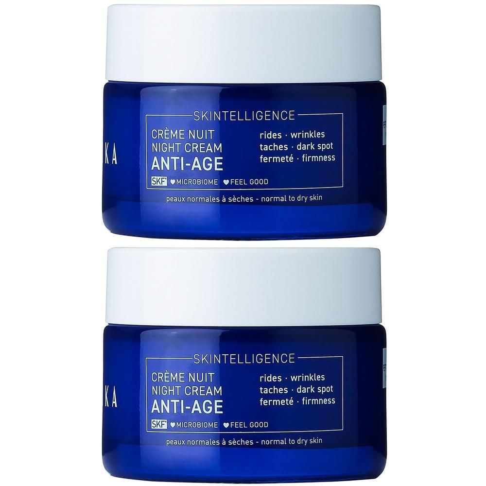 Twee potten Talika Skintelligence anti-aging nachtcrème. Blauwe potten met witte deksels.