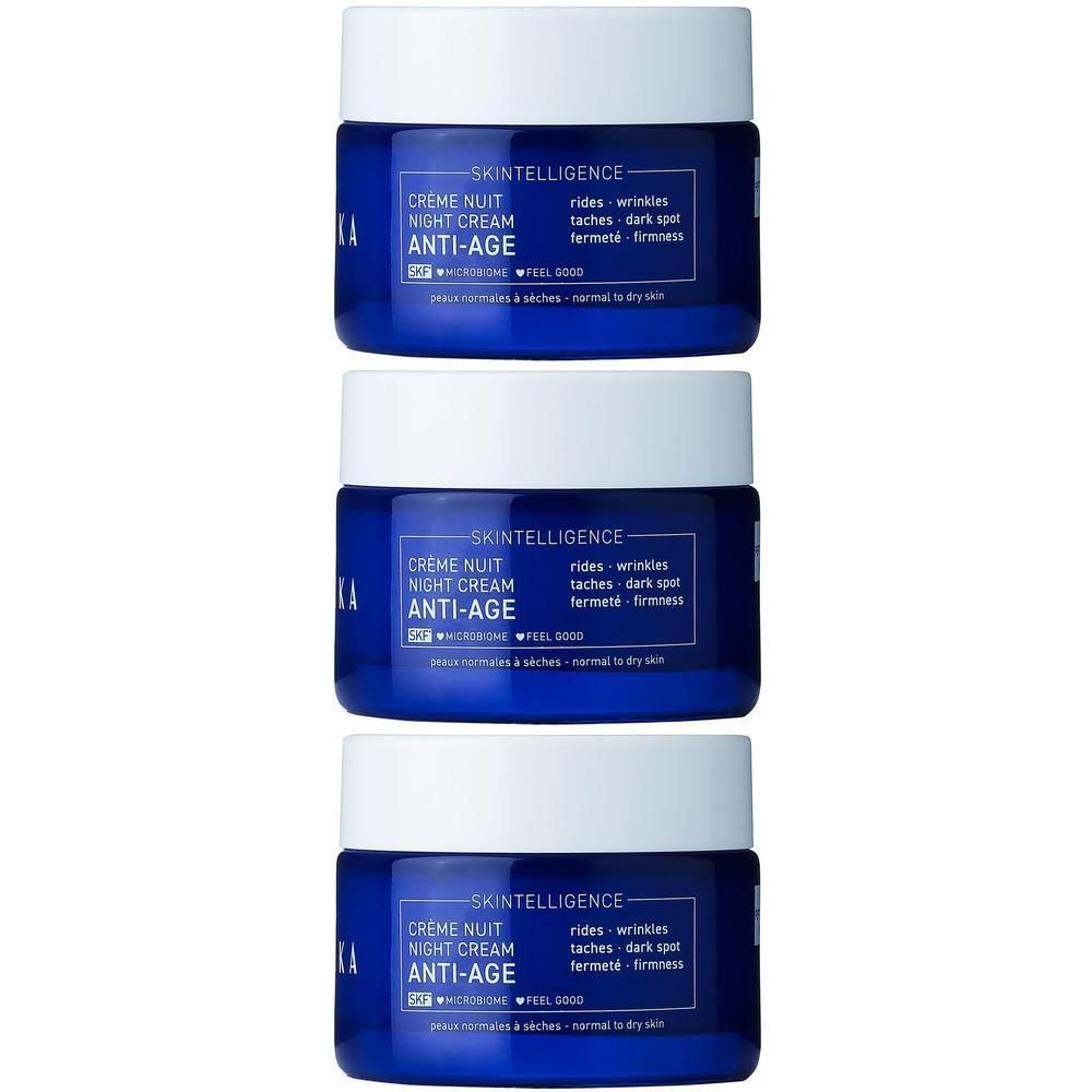 Drie blauwe potjes met witte deksel, Talika Skintelligence Anti-Age Nachtcrème.