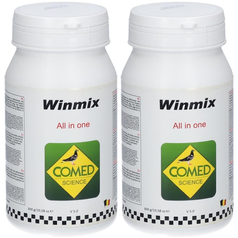 Deux pots blancs de poudre Winmix All in one pour pigeons. Logo Comed Science.