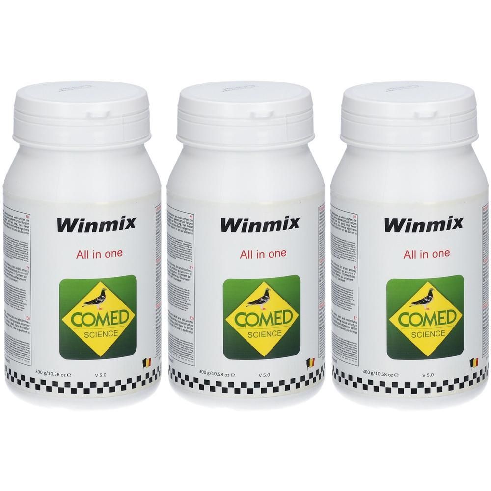Trois contenants blancs de Comed Winmix Pigeons 4.0, All in one.