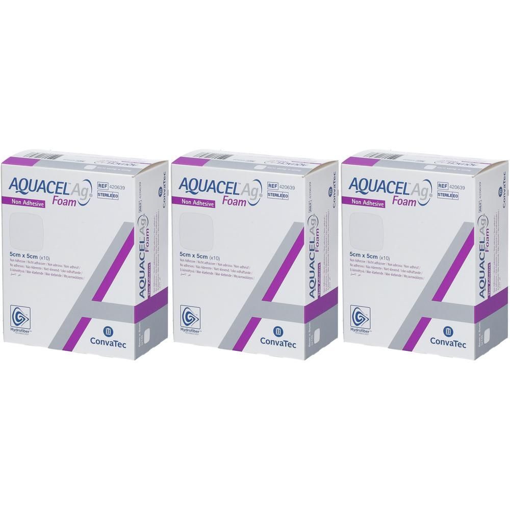 Drie dozen Aquacel AG Foam non-adhesive dressing 5x5cm.
