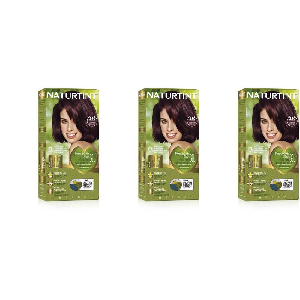 Drie dozen Naturtint Permanente Haarkleuring Zwartkers 3.60, met afbeelding van een vrouw met donker haar.