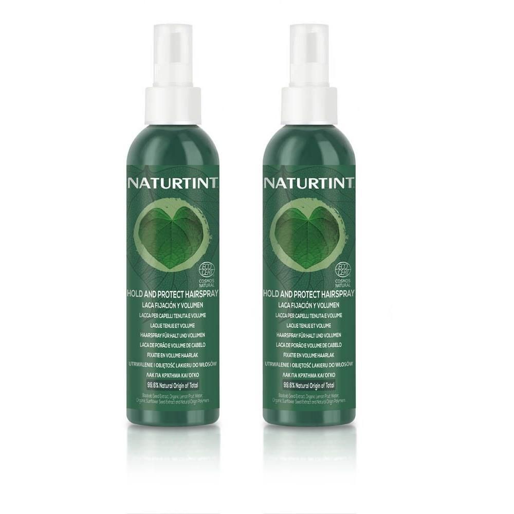 Deux flacons pulvérisateurs verts Naturtint ECO Laque laque avec motif de feuille et texte.